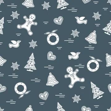 Cute vector pattern of different new year and christmas symbols. Winter theme Stock Illustration