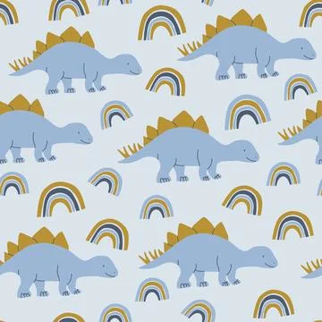 Cute vector pattern with dinosaurs and rainbows in pastel blue colors. Dino Stock Illustration