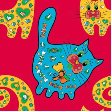 Cute vector pattern with flowers and cats. Kitty background. Image in magenta, b 스톡 일러스트