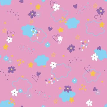 Cute vector pattern for girls, with clouds, flowers and hearts on a pink back イラスト素材