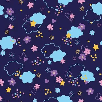 Cute vector pattern for girls, with clouds, flowers and hearts on a blue back イラスト素材