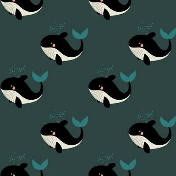 Cute vector pattern of playful whales swimming in a dark ocean background Stock Illustration