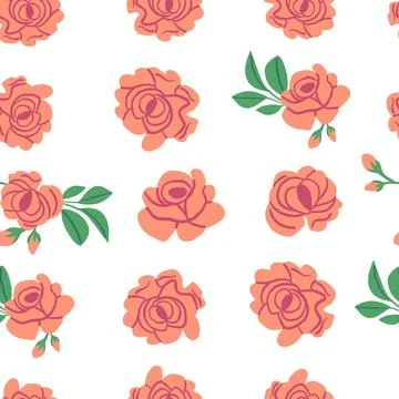 Cute vector pattern with roses on white background. Spring simple flowers Stock Illustration