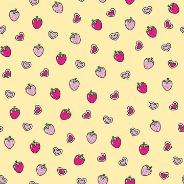 Cute vector pattern strawberry, small strawberry on yellow background Stock Illustration
