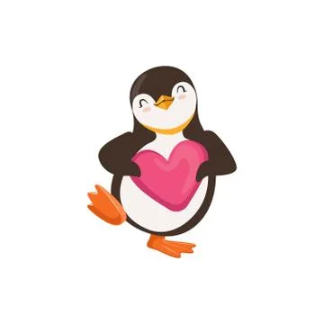 Cute vector Penguin Toon Is Holding A Pink Heart And Dancing Stock Illustration