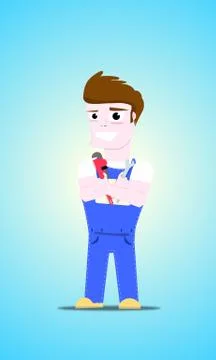 Cute vector of a plumber in workwear with tools in his hand Stock Illustration