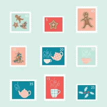 Cute vector Postage stamps for Christmas. Stock Illustration