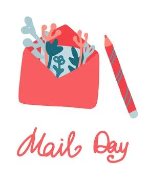 Cute vector postcard world mail day. A letter in an envelope with flowers and a イラスト素材