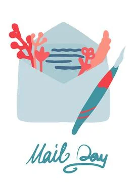 Cute vector postcard world mail day. A letter in an envelope with flowers and a イラスト素材