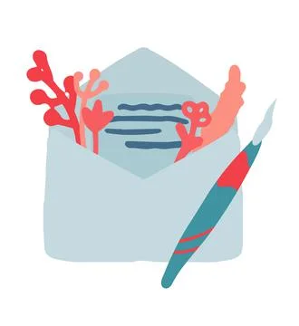 Cute vector postcard world mail day. A letter in an envelope with flowers and a Stock Illustration