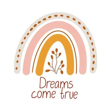 Cute vector poster with a boho rainbow decorated with a sprig. Stock Illustration