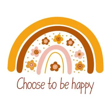 Cute vector poster with boho rainbow decorated with flowers. Stock Illustration