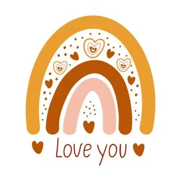 Cute vector poster with boho rainbow decorated with hearts. Stock Illustration