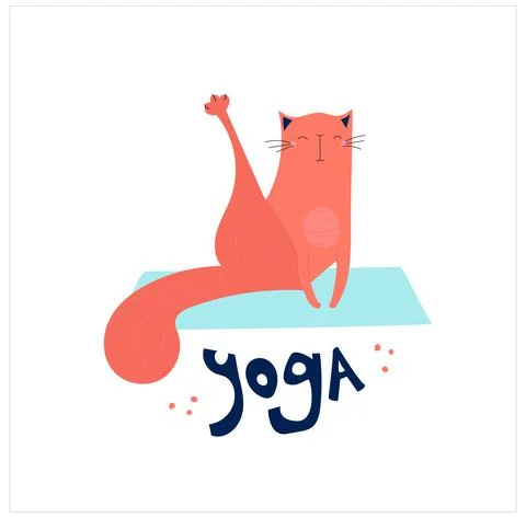 Cute vector poster by hand drawn cat and lettering Yoga. The cat does exercises Stock Illustration