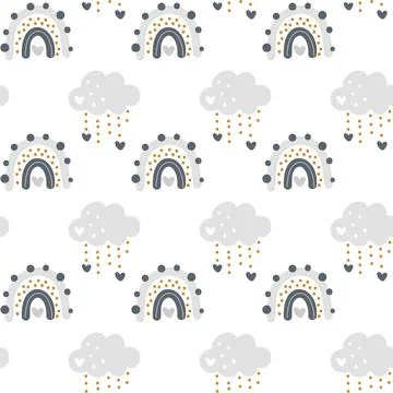 Cute vector rainbow with clouds seamless pattern in scandinavian style isolated Stock Illustration