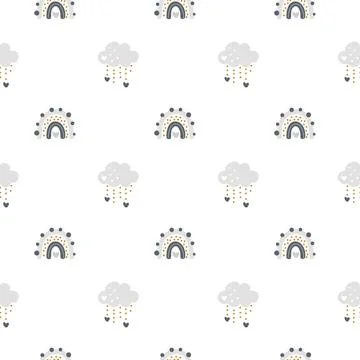 Cute vector rainbow with clouds seamless pattern in scandinavian style isolated Illustrazione stock