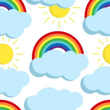 Cute vector rainbow seamless pattern with weather icons. Stock Illustration