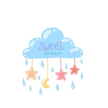 Cute vector rainy cloud with sweet dreams sign with stars and moon hanging on イラスト素材