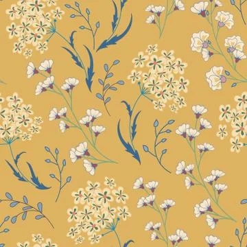 Cute vector seamless floral pattern with flowers and herbs. Stock Illustration