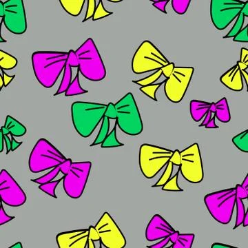 Cute vector seamless pattern with colored cartoon bows on gray background, fa Stock Illustration