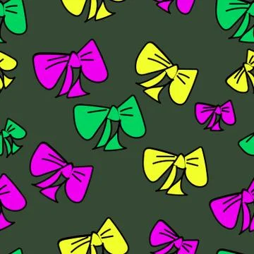 Cute vector seamless pattern with colored cartoon bows on dark green backgrou 스톡 일러스트
