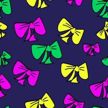 Cute vector seamless pattern with colored cartoon bows on purple background,  스톡 일러스트