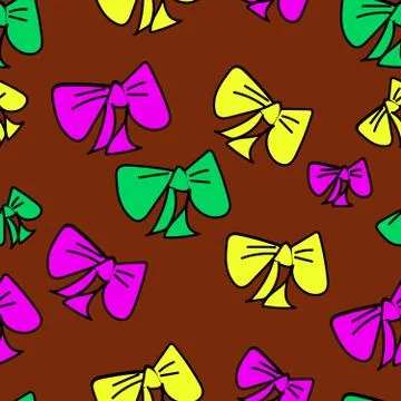 Cute vector seamless pattern with colored cartoon bows on brown background, f Stock Photos