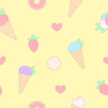 Cute vector seamless pattern with different ice creams, hearts, doughnuts a.. Stock Illustration