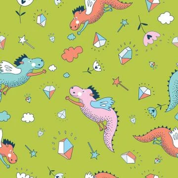 Cute  vector  seamless pattern. Dragons and diamonds Stock Illustration