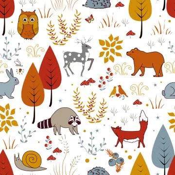 Cute vector seamless pattern with forest plants, birds, bear, deer, raccoon, Stock Illustration