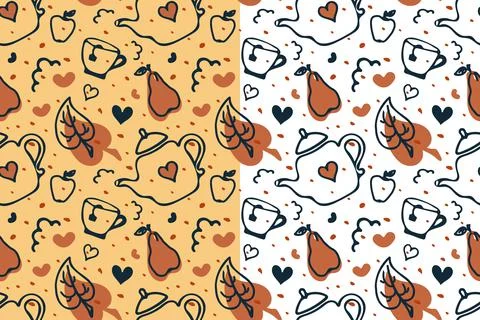 Cute vector seamless pattern with funny teapots, cup, pear, apple, heart shapes Stock Illustration