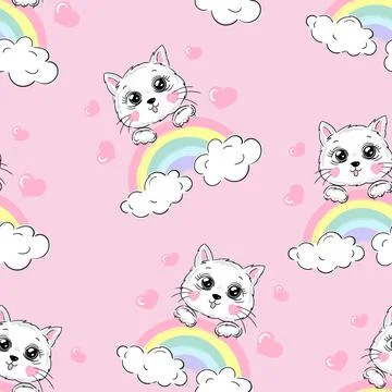 Cute vector seamless pattern for girl with cats on rainbow pink background Illustrazione stock