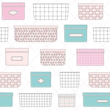 Cute vector seamless pattern with interior baskets, boxes. Background for Illustrazione stock