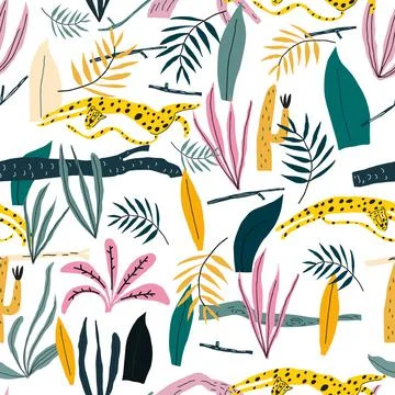 Cute vector seamless pattern with leopard, plants, jungle leaves, snags Stock Illustration