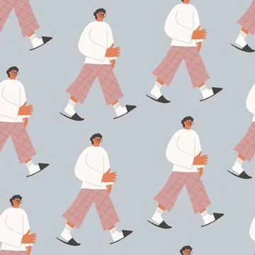 Cute vector seamless pattern with man in home clothes on pastel blue background Stock Illustration