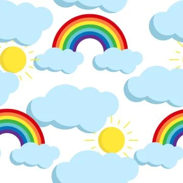 Cute vector seamless pattern with rainbow and clouds icons. Illustrazione stock