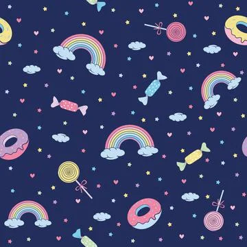 Cute vector seamless pattern with rainbows and sweets on a dark background. a 스톡 일러스트