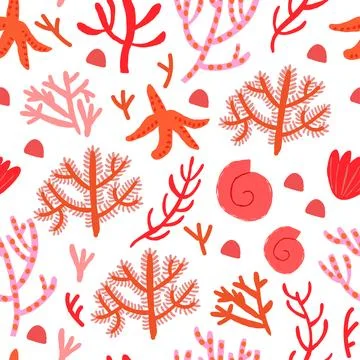 Cute vector seamless pattern with red corals on white background. Coral reef Stock Illustration
