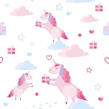 Cute vector seamless pattern unicorn, clouds, hearts, gift boxes on white bac Stockillustratie