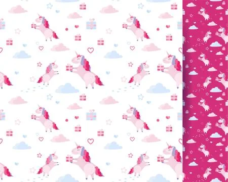 Cute vector seamless pattern unicorn, clouds, hearts, gift boxes on white bac イラスト素材