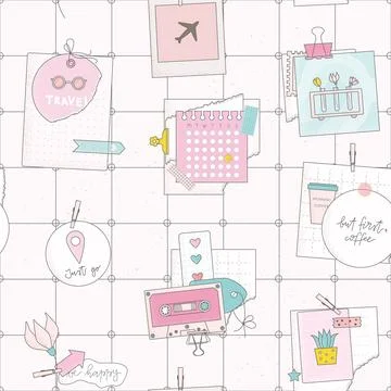 Cute vector seamless pattern with wall grid moodboard, notes, papers, photo Stock Illustration
