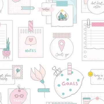 Cute vector seamless pattern with wall moodboard, notes, papers for package Stock Illustration