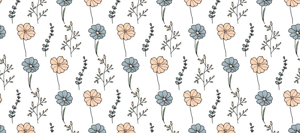 Cute vector seamless pattern with wild flowers, eucalite branches, daisies Stock Illustration