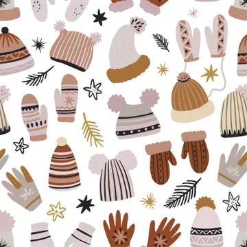 Cute vector seamless pattern of winter clothing, hats, mittens and gloves Stock Illustration