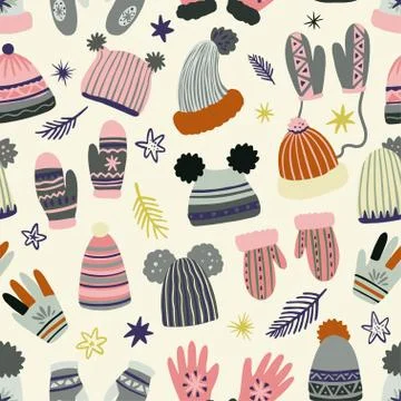 Cute vector seamless pattern of winter clothing, hats, mittens and gloves Illustrazione stock