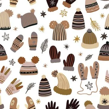 Cute vector seamless pattern of winter clothing, hats, mittens and gloves Illustrazione stock