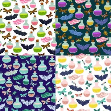 Cute vector seamless patterns with Halloween witch crafts. Cartoon doodle Stockillustratie