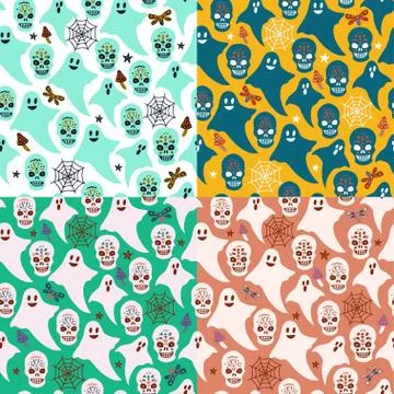Cute vector seamless patterns with Halloween pumpkins. Cartoon doodle Stockillustratie