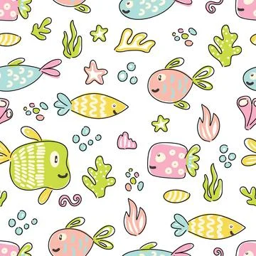 Cute vector seamless print with cheerful fish and marine plants in a fun pattern Stock Illustration