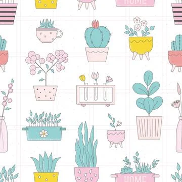 Cute vector seamlesspattern with homeplant, vase, flowers for wallpaper Illustrazione stock
